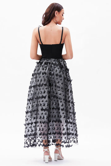 Vestido de fiesta con corsé de tirantes finos de línea A negro con mariposas 3D